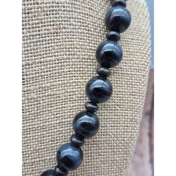 Artisan Black Glass Bead Collar Necklace Tigers Eye Faceted Teardrop Pendant - Picture 4 of 9
